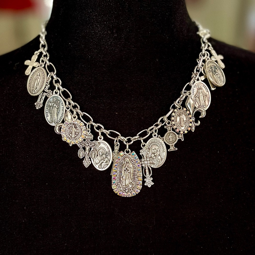 Guadalupe, Saints & Crosses Double Sided Antiqued Silver Tone Festoon Necklace - Picture 8 of 15